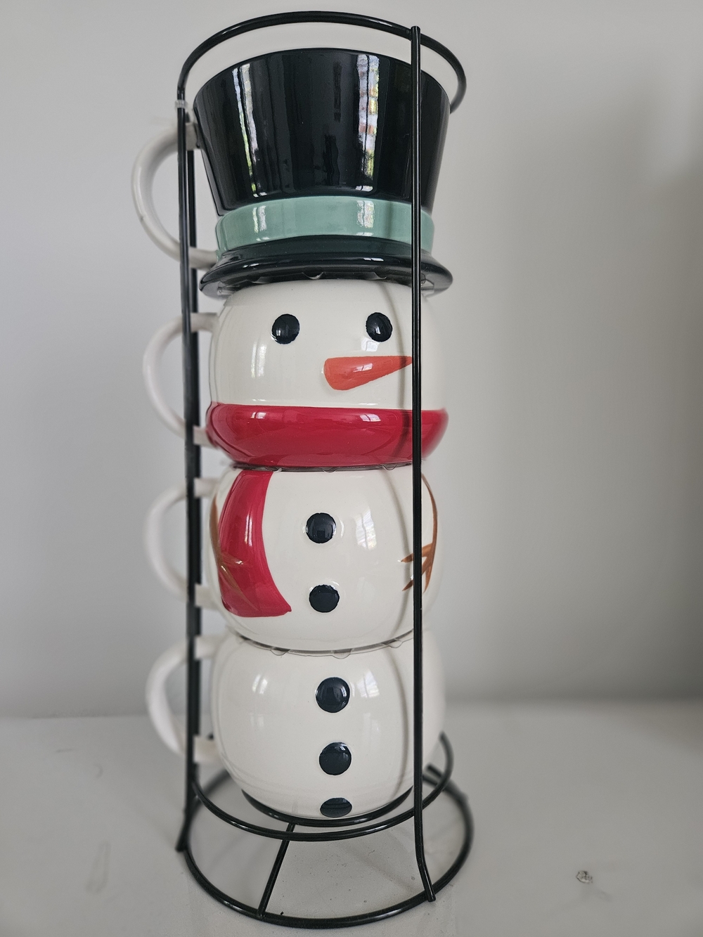 Holiday Snowman Mug Stack with Black Top Hat and Red Scarf